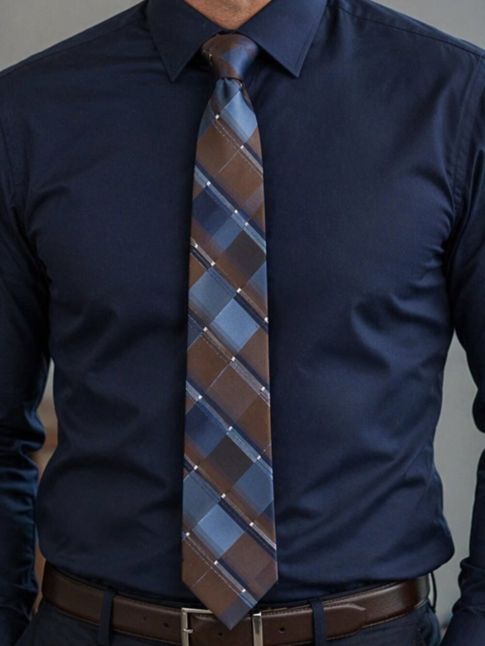 Calvin Klein Men's Necktie Print Silver Brown Squares 58 X 3.5" W  100% Silk NWT